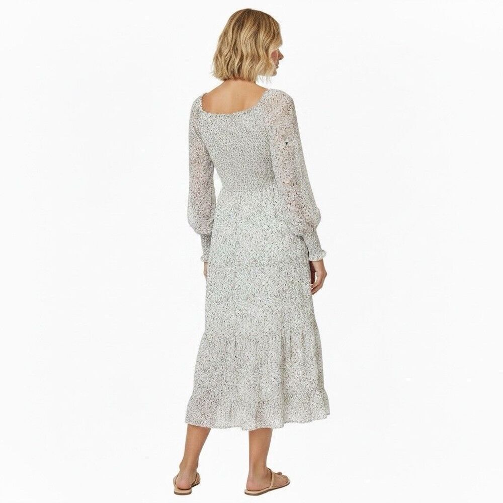 &Merci Sz M Off White Floral Dandy Prairie Midi Smocked TieredDress Long Sleeve - Picture 9 of 15